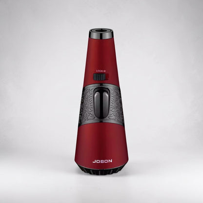 Red handheld device with black accents on a white background