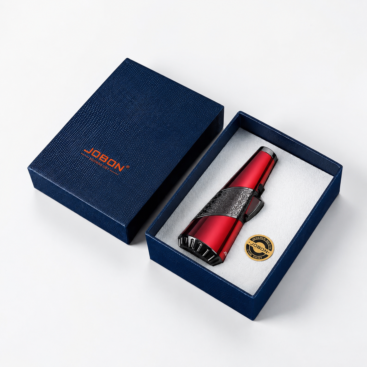 Red and black hair trimmer in a blue box with 'JOBON' branding.