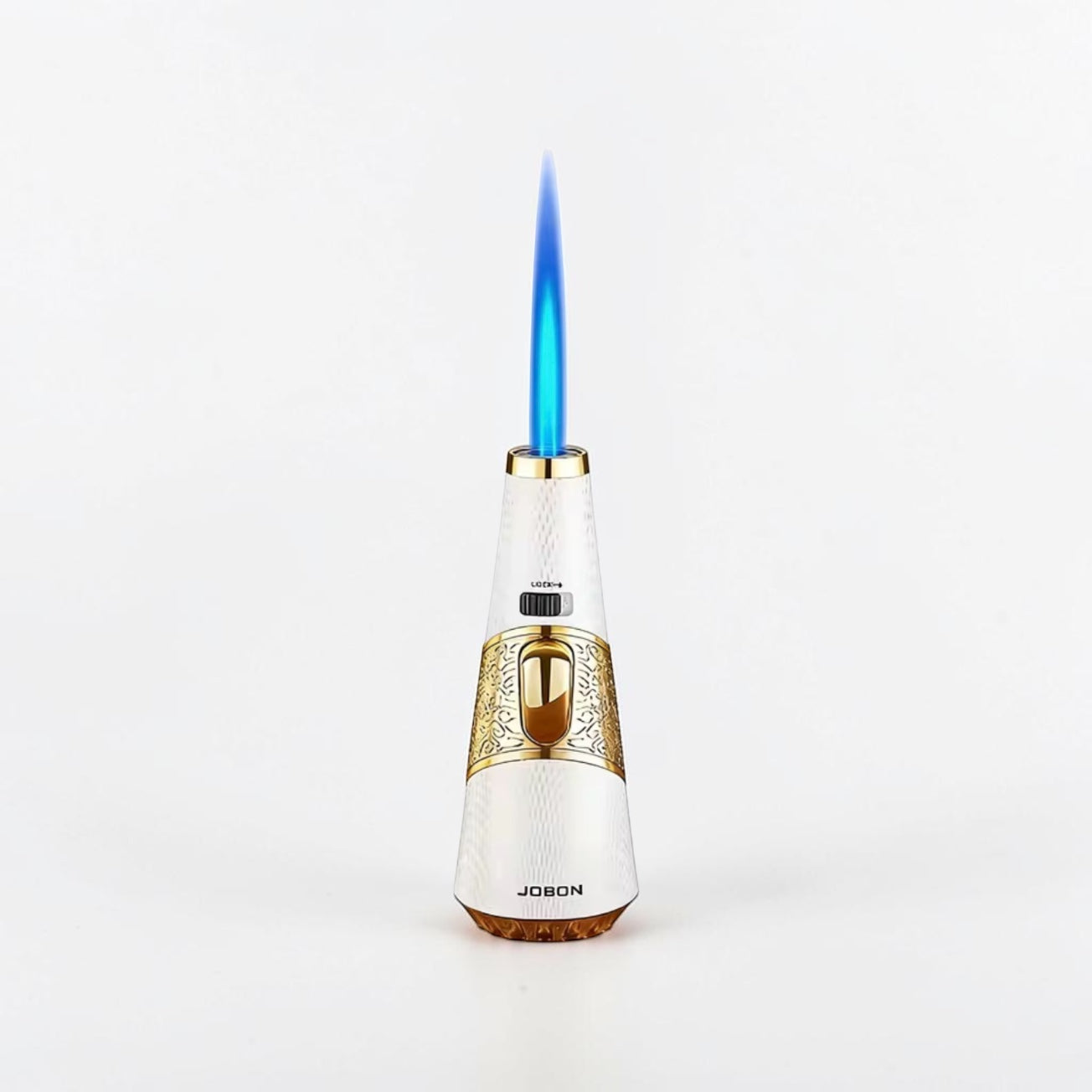 Butane lighter with a blue flame on a white background