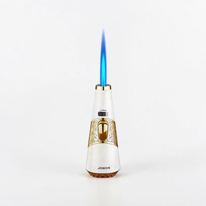 Butane lighter with a blue flame on a white background