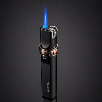 Black lighter with blue flame on a dark background