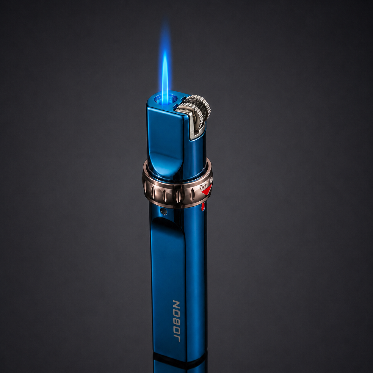 Blue lighter with blue flame on a black background
