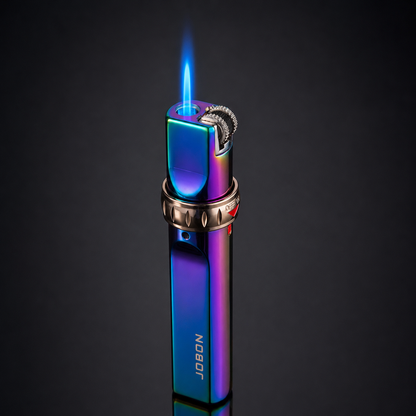 Multicolored lighter with blue flame on a black background