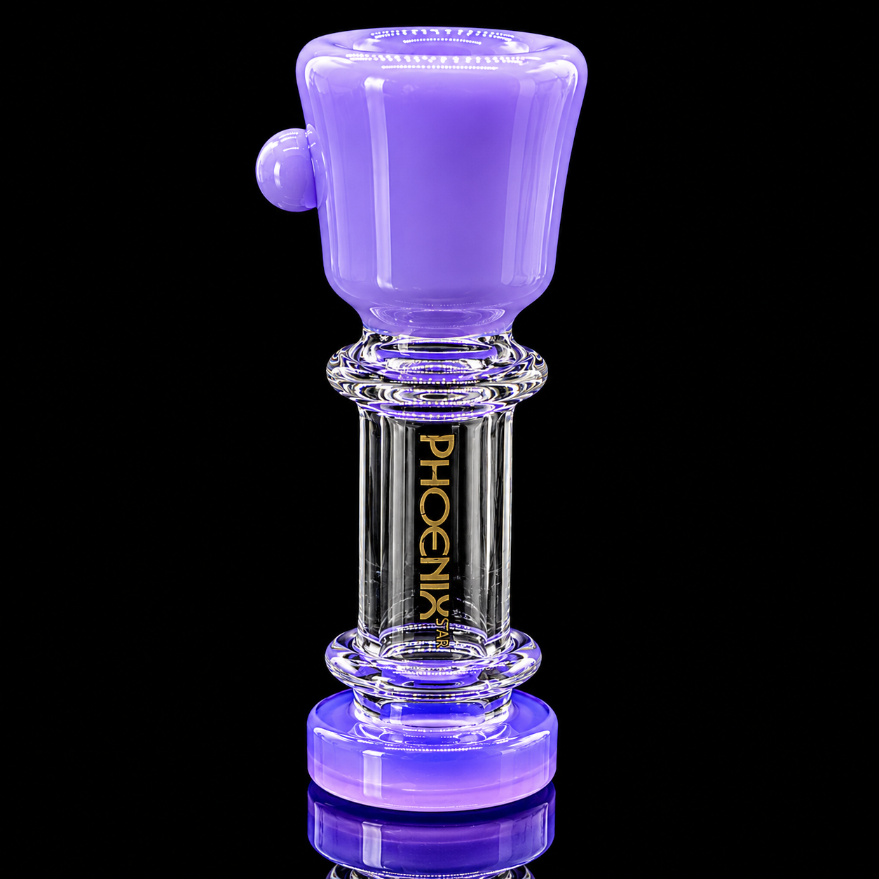 Glass smoking device with purple accents and 'Phoenix' branding on a black background