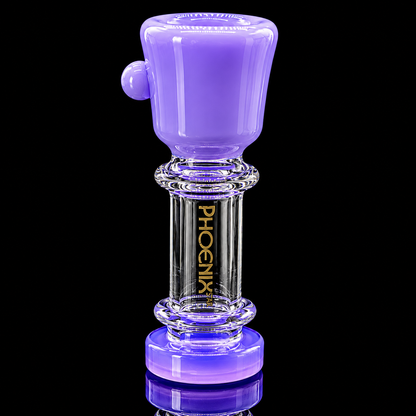 Glass smoking device with purple accents and 'Phoenix' branding on a black background