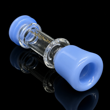 Glass pipe with blue silicone sleeves on a black background