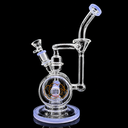 Clear glass smoking device with 'LUTO' branding on a black background
