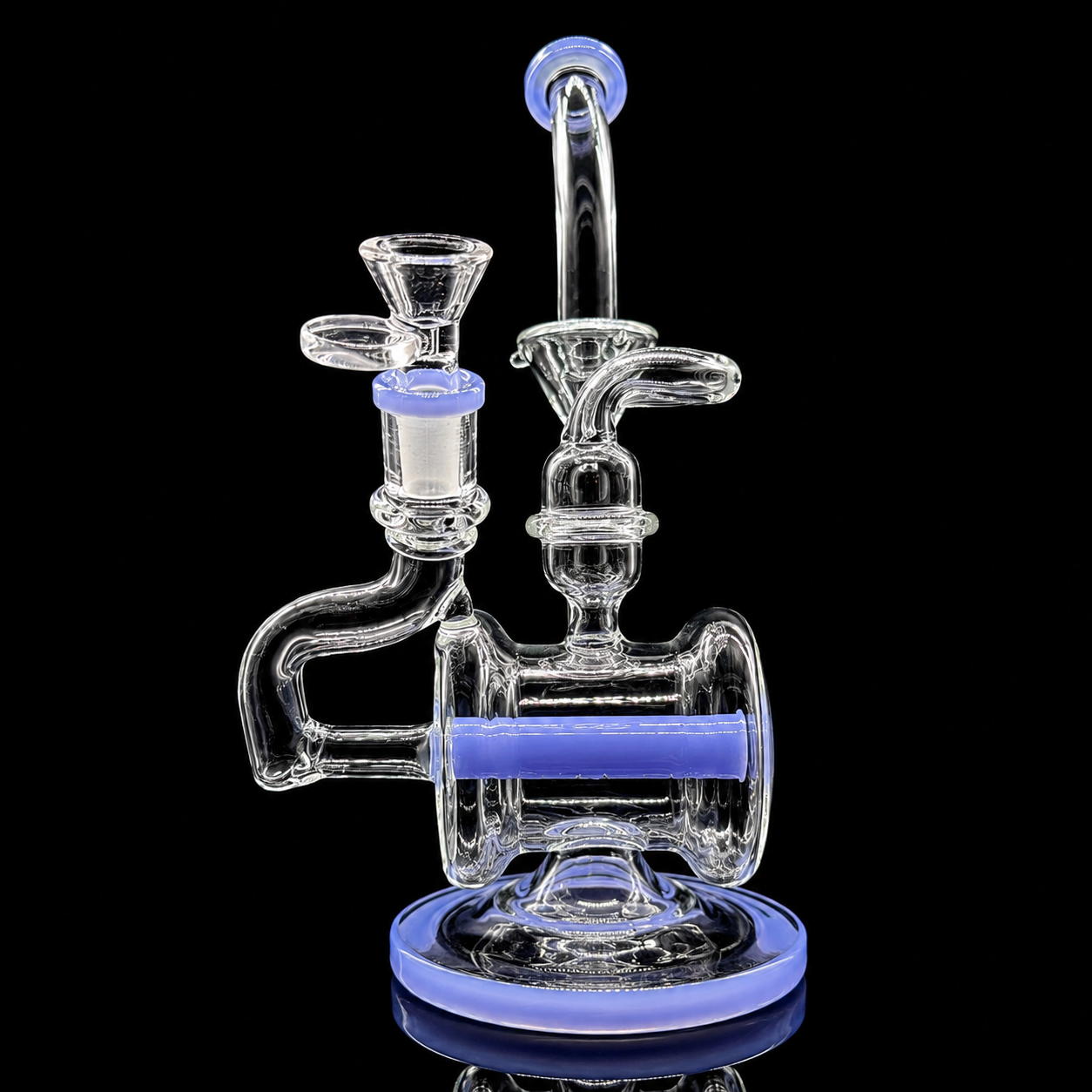 Clear glass water pipe with blue accents on a black background