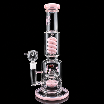 Glass smoking device with pink accents on a black background