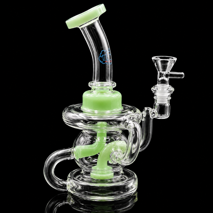 Glass water pipe with green accents on a black background