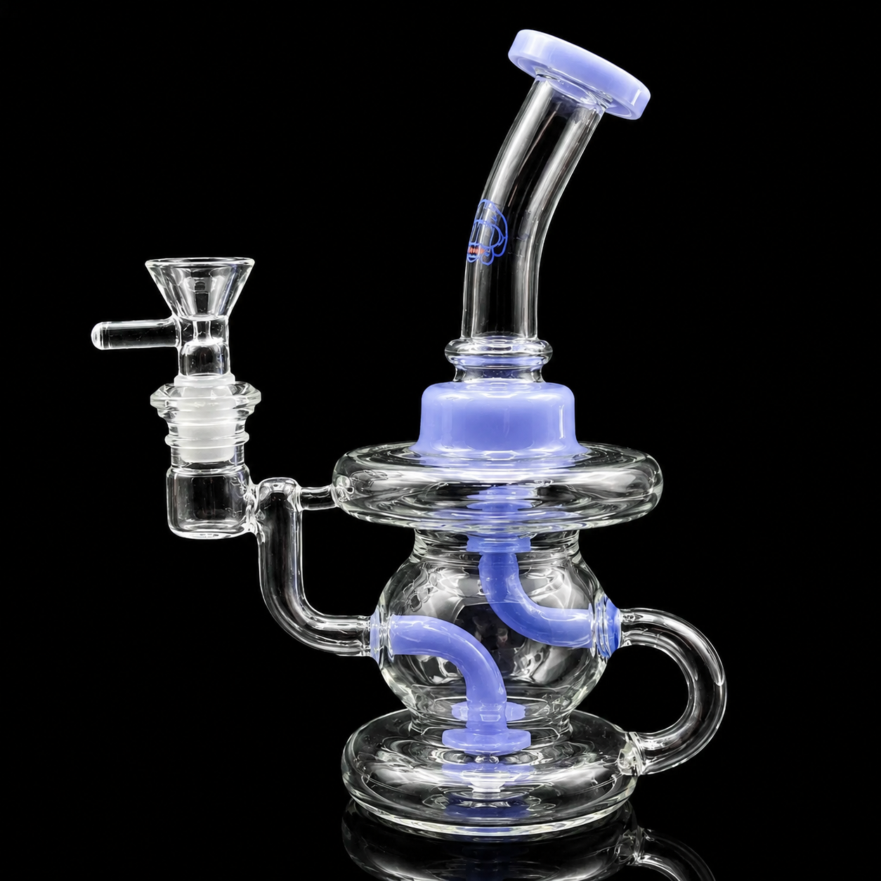 Glass water pipe with blue accents on a black background