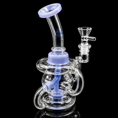 Clear glass water pipe with blue accents on a black background