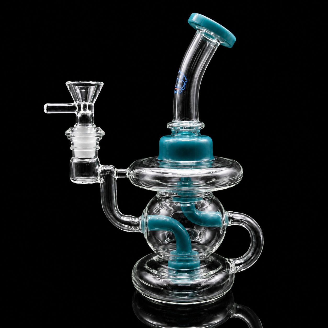 Glass water pipe with blue accents on a black background