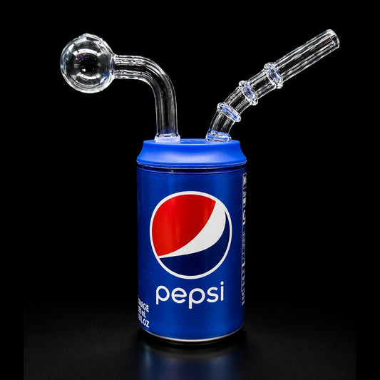 Glass smoking device shaped like a Pepsi can on a black background