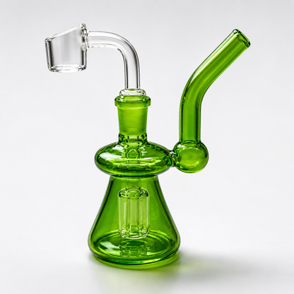 Green glass water pipe on a white background
