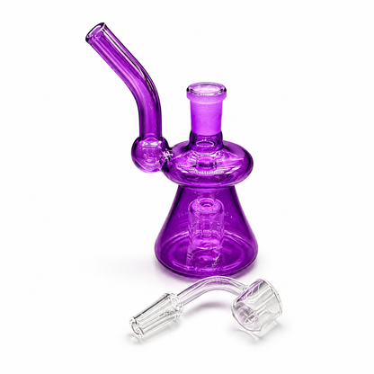 Purple glass water pipe with a clear glass piece on a white background