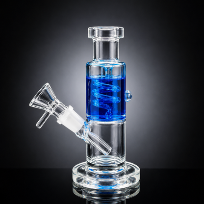 Clear glass water pipe with blue liquid on a dark background