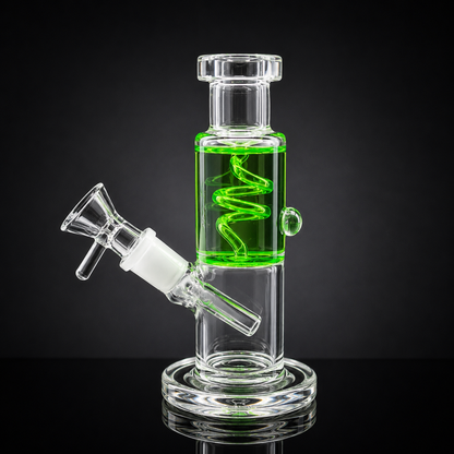 Glass water pipe with green liquid and spiral design on a black background