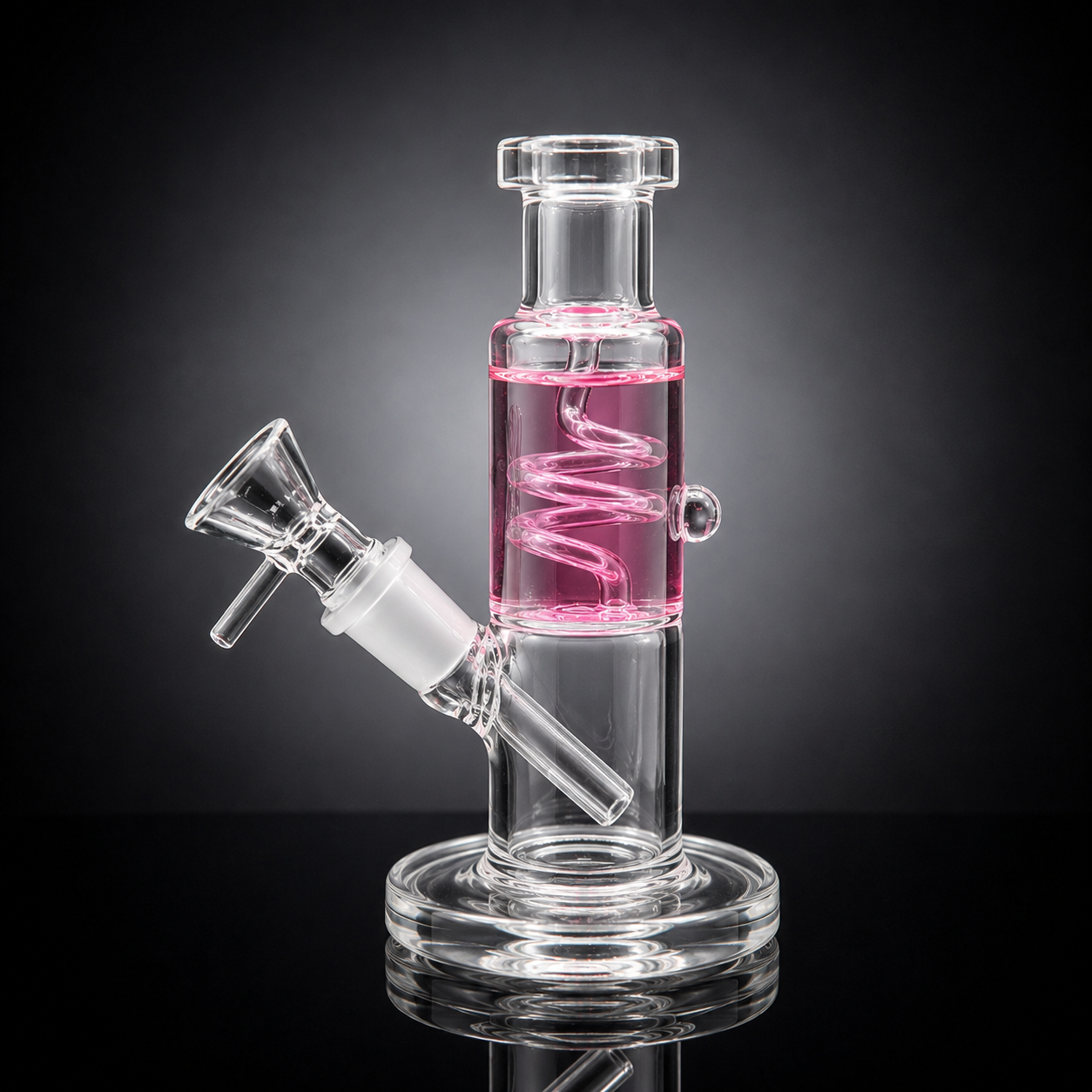Glass water pipe with pink liquid inside on a black background