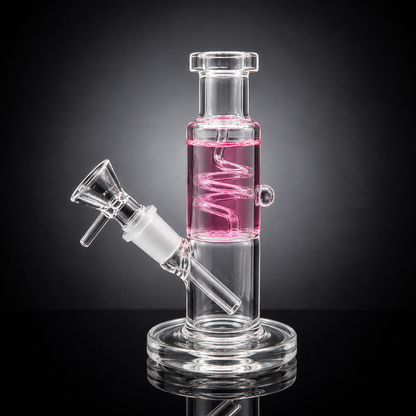 Glass water pipe with pink liquid inside on a black background