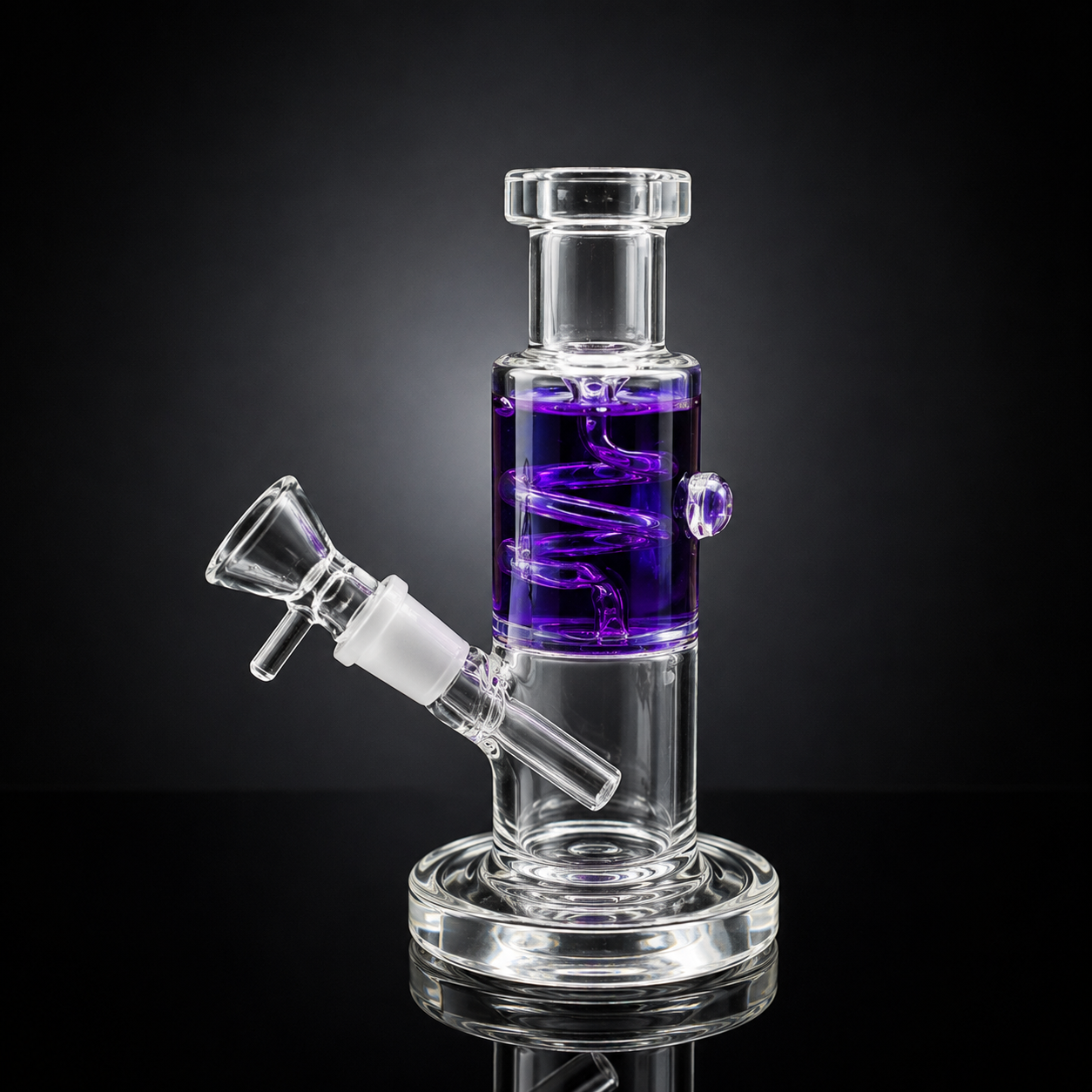 Clear glass water pipe with purple liquid on a black background