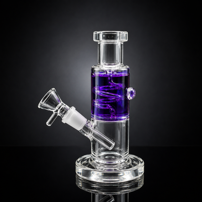Clear glass water pipe with purple liquid on a black background