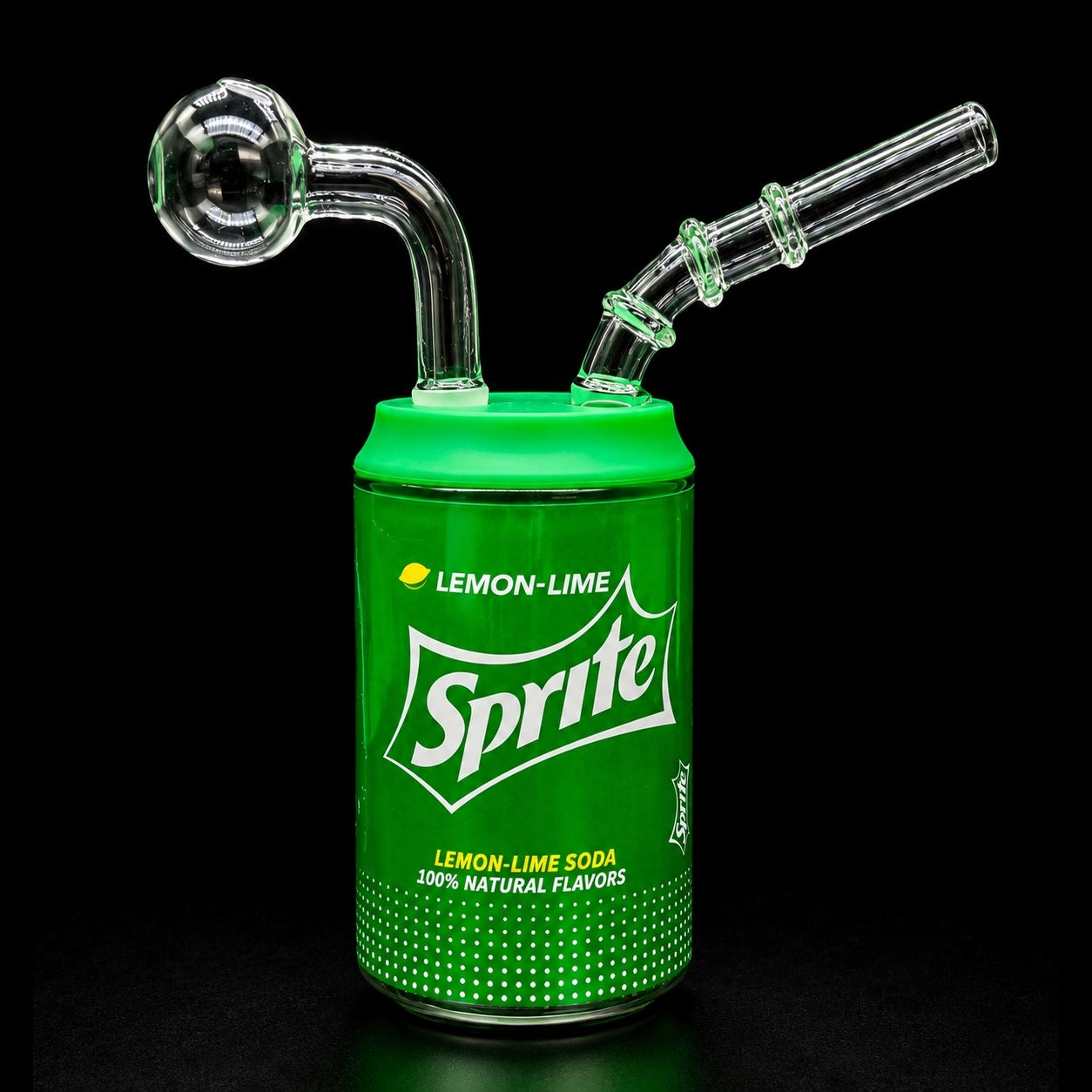 Glass smoking device shaped like a green Sprite can on a black background
