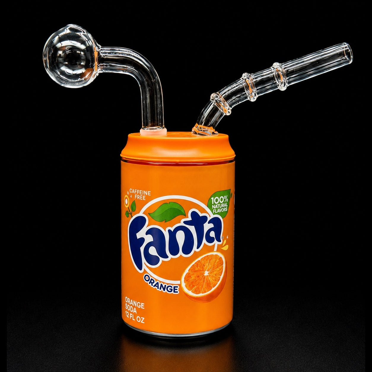 Fanta Orange soda can modified with a glass smoking apparatus on a black background