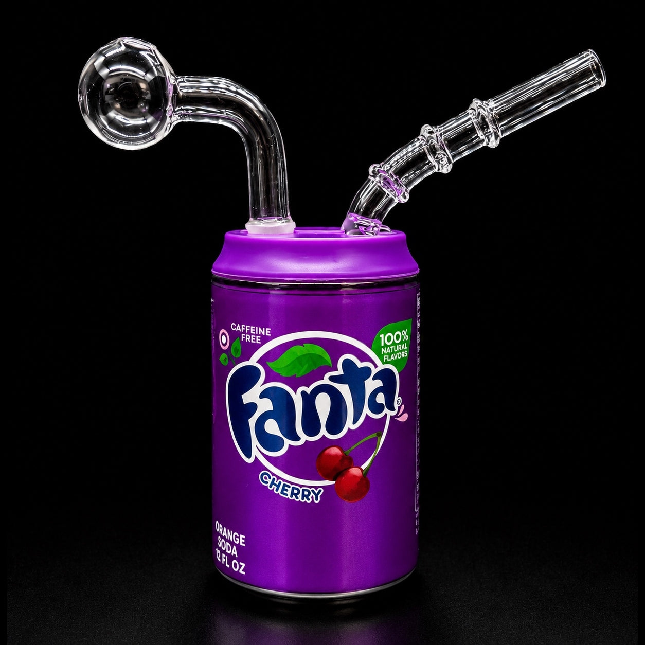 Fanta cherry can modified with a glass smoking apparatus on a black background