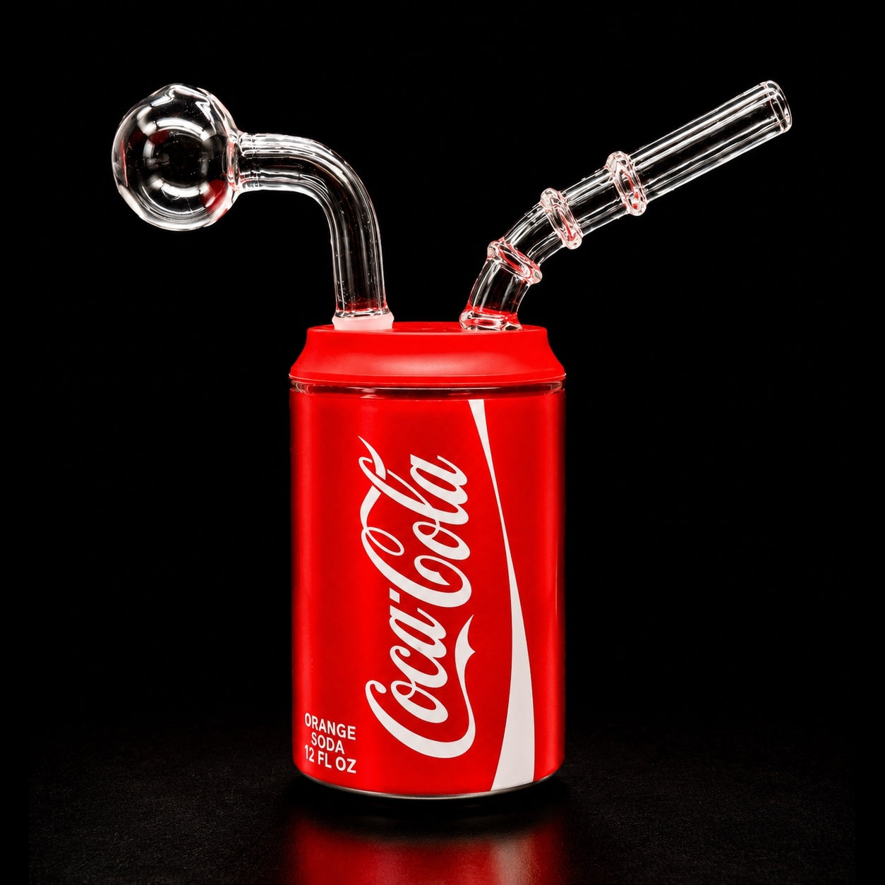 Glass smoking device with Coca-Cola can body on a black background