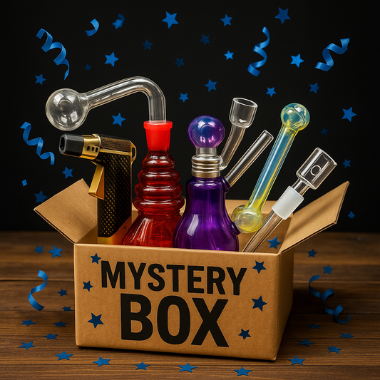 Mystery box with smoking accessories on a wooden surface with confetti.