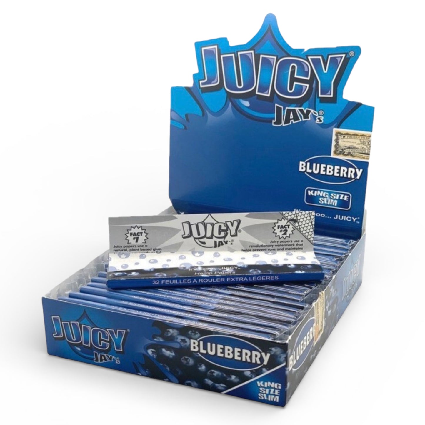 Box of Juicy Jay's Blueberry rolling papers on a white background