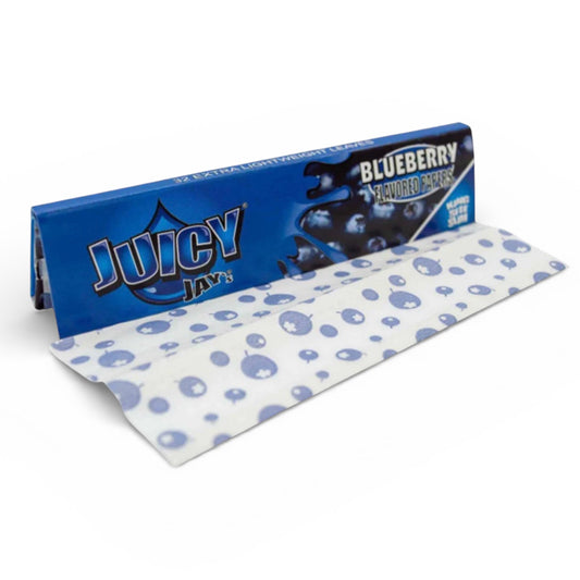 Juicy Jay's blueberry flavored rolling paper packaging on a white background