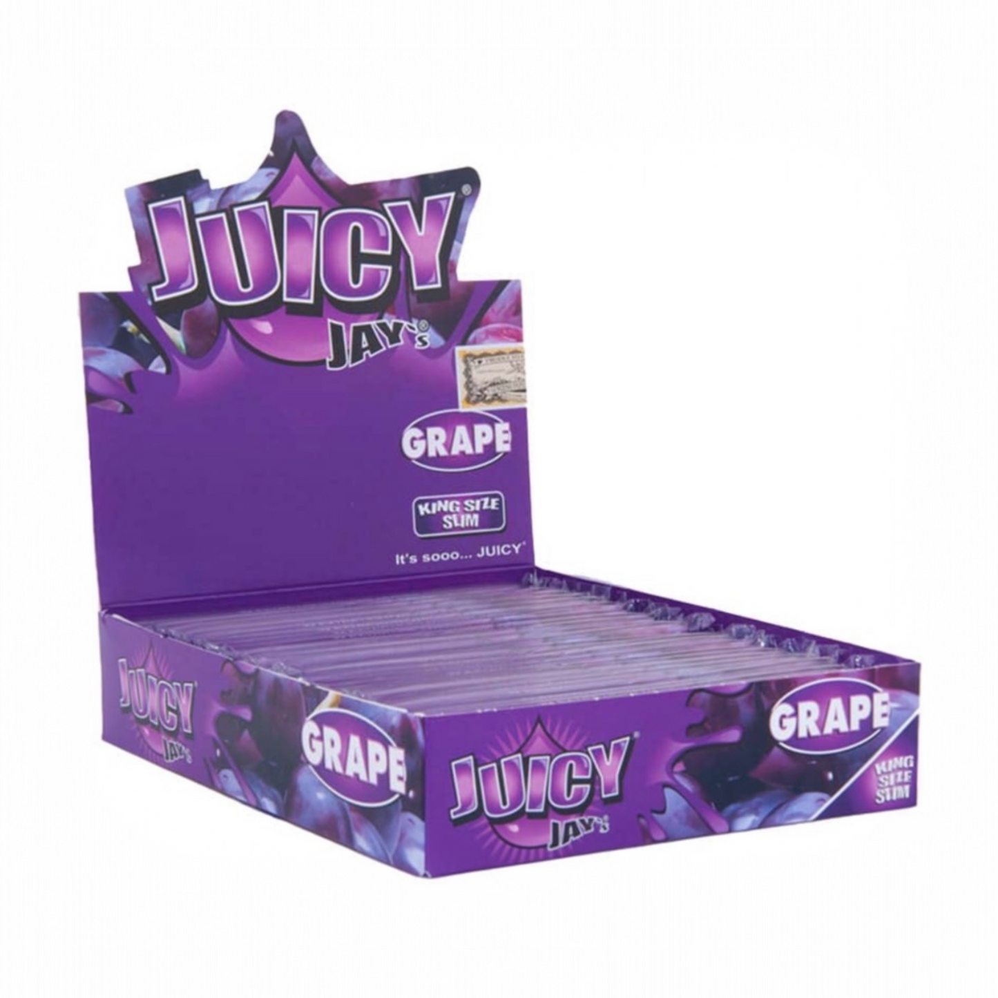Box of Juicy Jay's Grape rolling papers on a white background