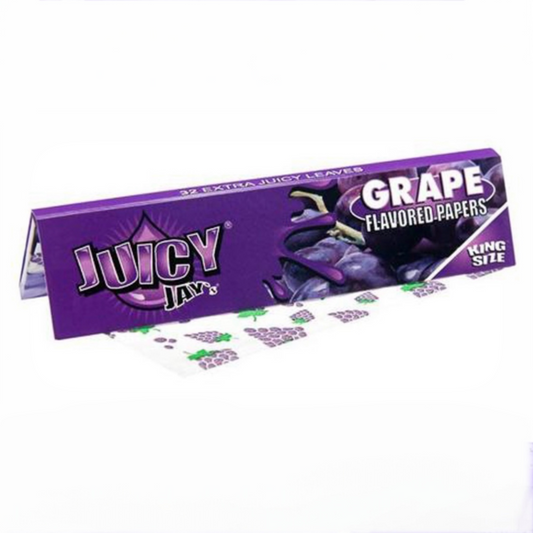 Purple package of Juicy Jay's Grape flavored rolling papers on a white background