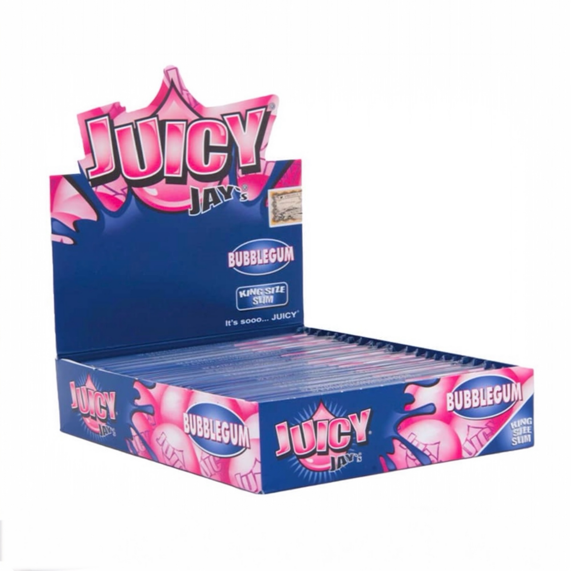 Box of Juicy Jay bubblegum rolling papers on a white background