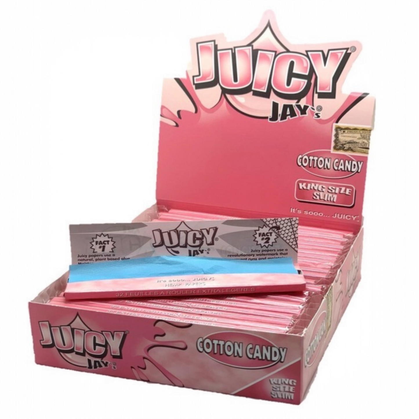 Box of Juicy Jay's Cotton Candy rolling papers on a white background