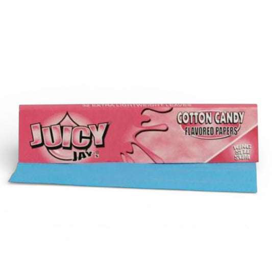 Pink and blue Juicy Jay's cotton candy flavored rolling paper pack on a white background