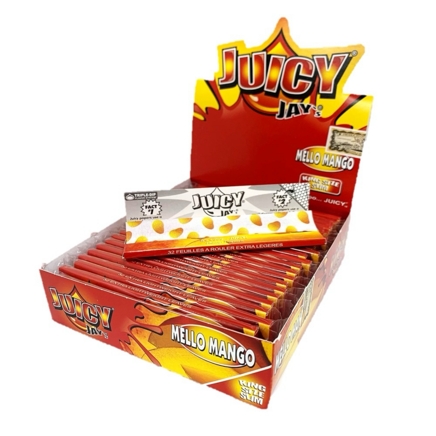 Display box of Juicy Jay's Mello Mango rolling papers on a white background
