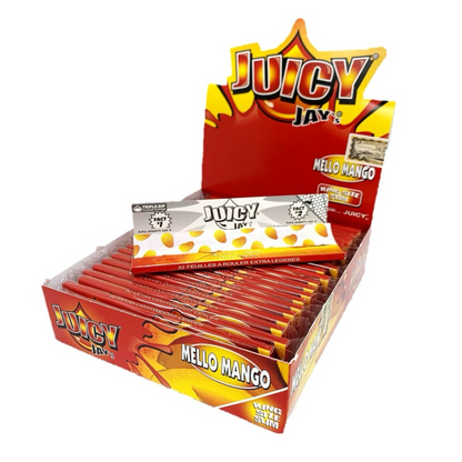 Display box of Juicy Jay's Mello Mango rolling papers on a white background