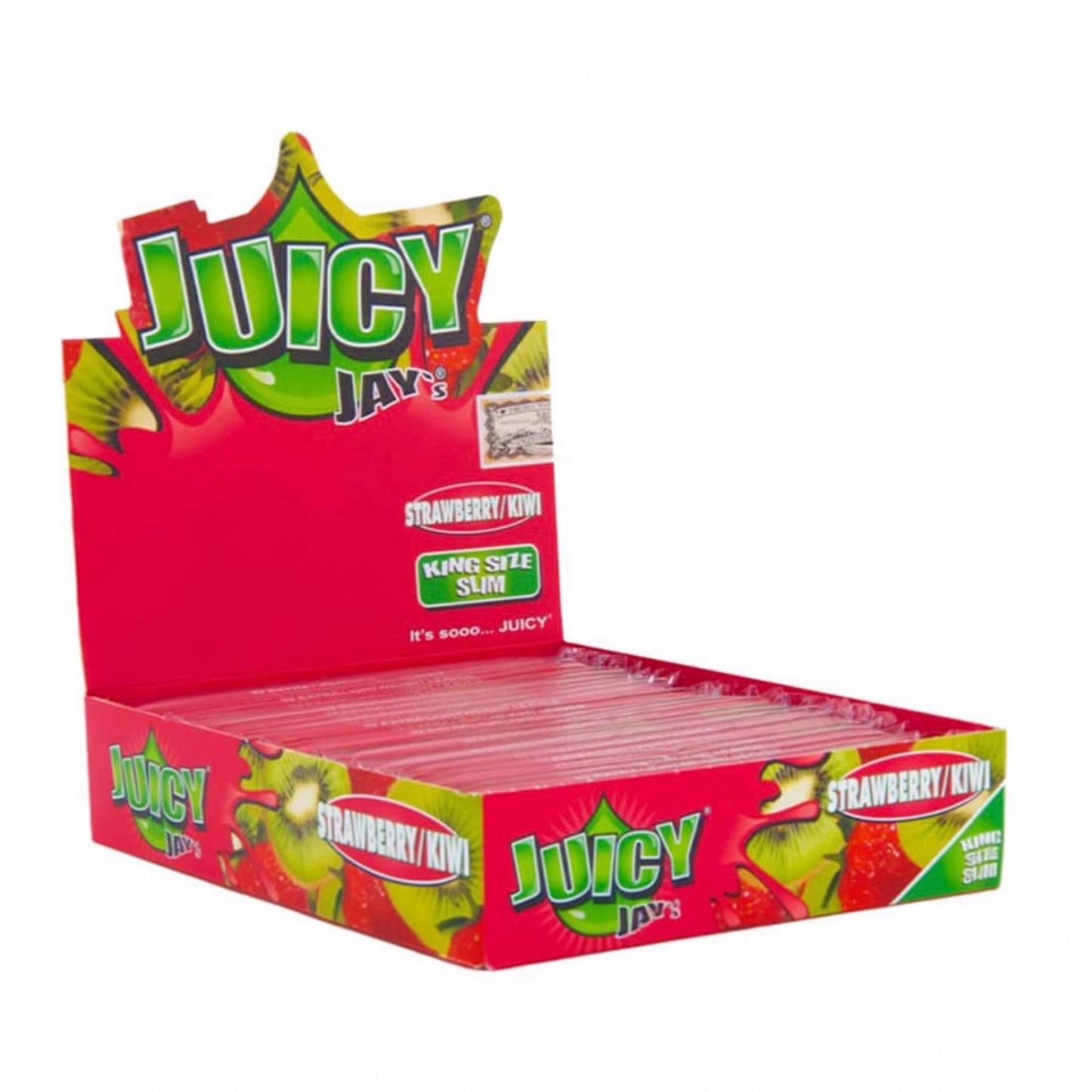 Box of Juicy Jay's Strawberry Kiwi rolling papers on a white background