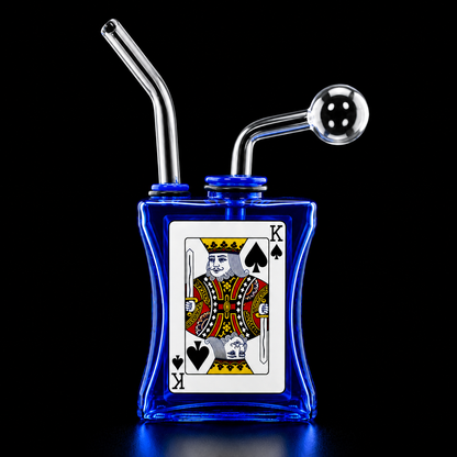 Blue glass smoking device with King of Spades card design on a black background