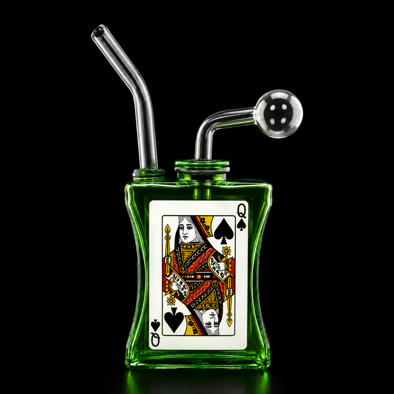 Green glass smoking device with a playing card design on a black background