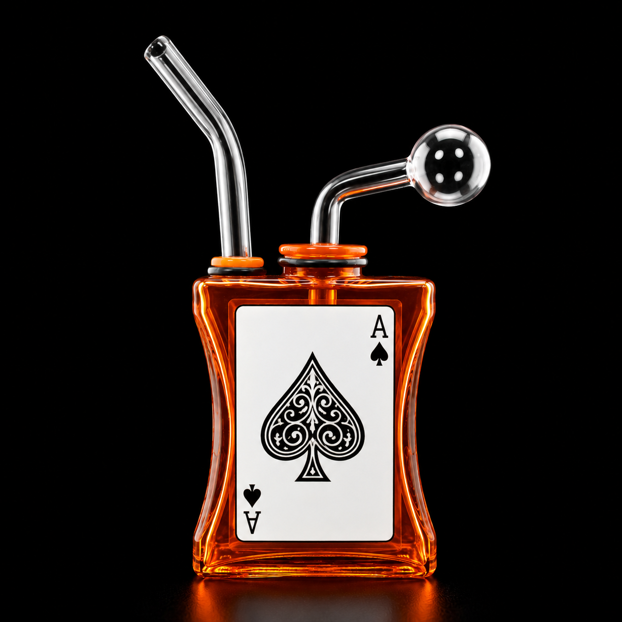 Glass smoking device with ace of spades design on a black background