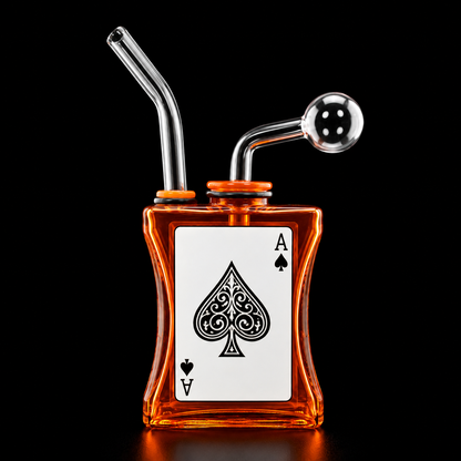 Glass smoking device with ace of spades design on a black background