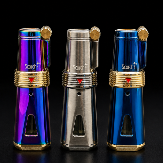 Three colorful lip products with 'Scorch' branding on a black background