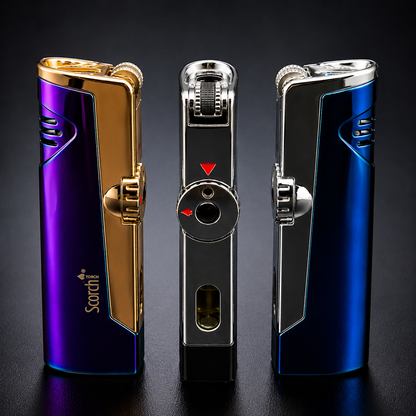 Three colorful lighters on a black background