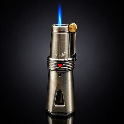 Metallic torch lighter with blue flame on a black background