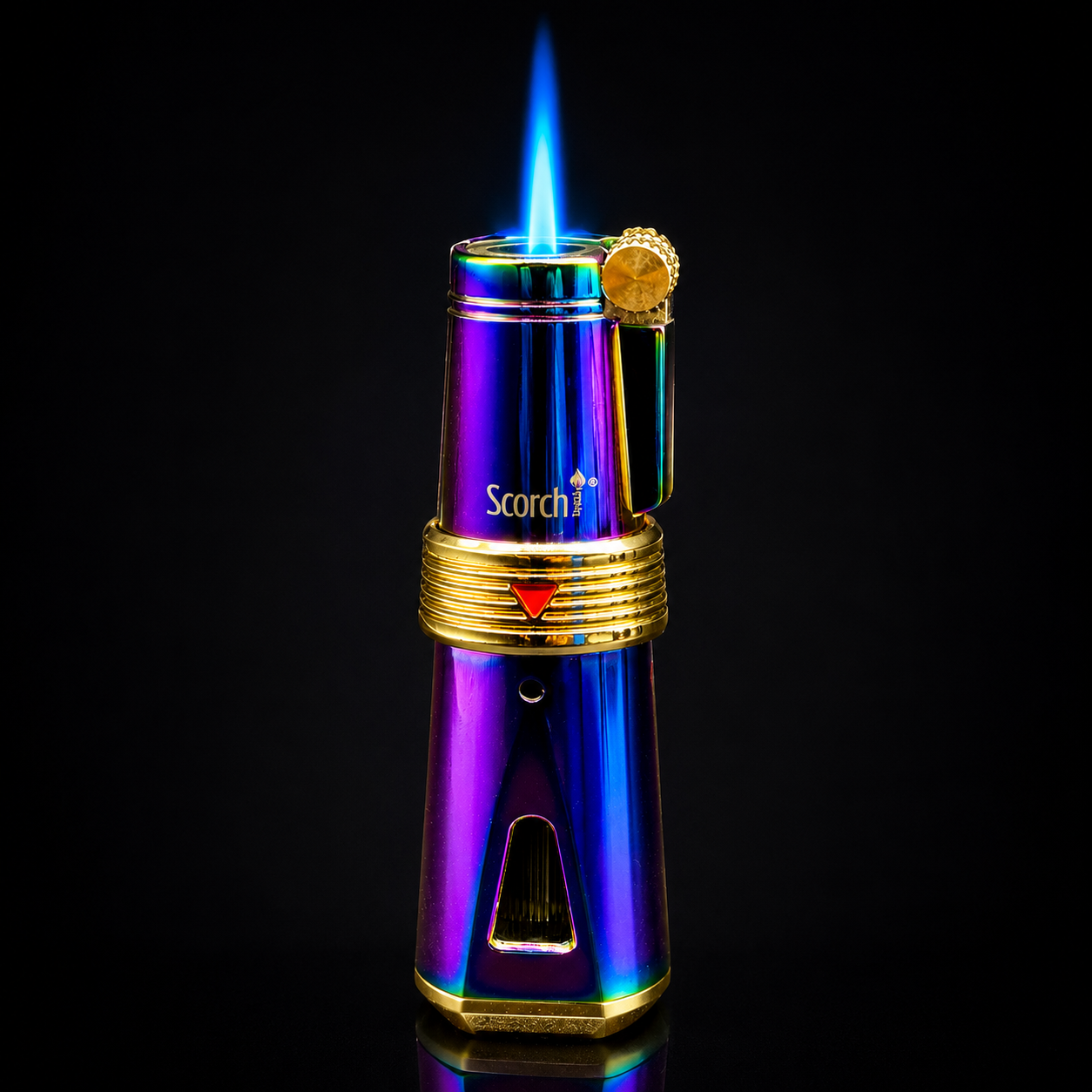 Multicolored lighter with a flame on a black background