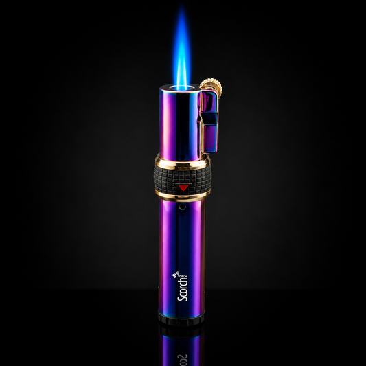 Multicolored butane lighter with a blue flame on a black background